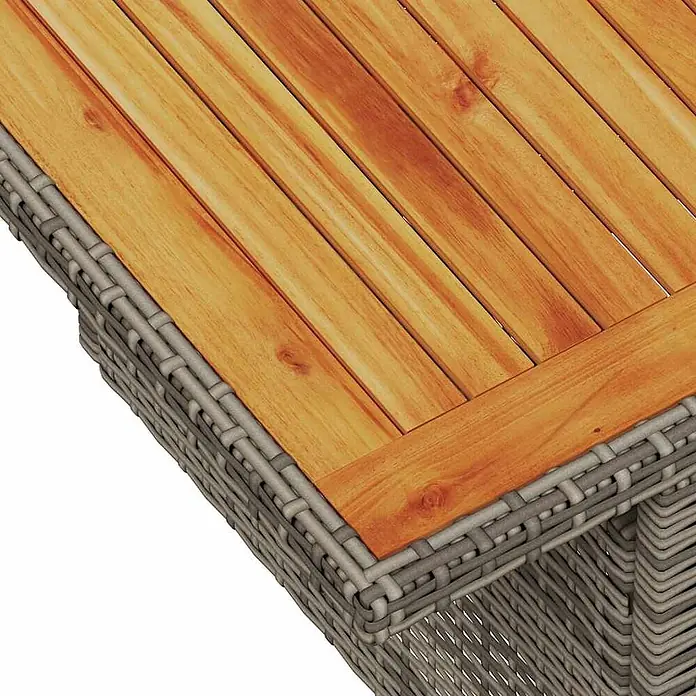 Maison exclusive gartenmöbel-set donald wayne holz grau 10-teilig -  - Nahaufnahme eines Tisches mit hellen Holzlatten und grauem geflochtenem Rattanrahmen.