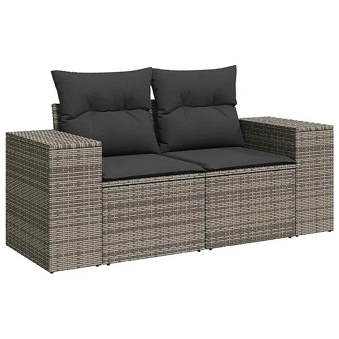 Maison exclusive gartenmöbel-set donald wayne holz grau 10-teilig -  - Graues Rattan-Zweisitzer-Gartensofa mit dunkelgrauen Kissen und integrierten Beistelltischen.