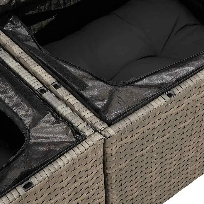 Maison exclusive gartenmöbel-set donald wayne holz grau 10-teilig -  - Zwei verbundene graue Rattan-Aufbewahrungsboxen mit schwarzer wasserdichter Auskleidung, eine mit schwarzem Kissen.