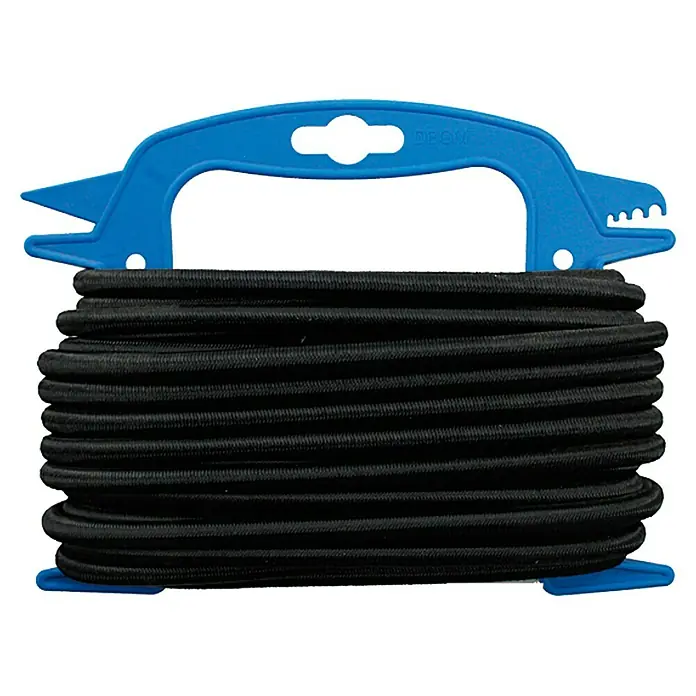 Conacord Cordón elástico -  - Un cordón elástico negro enrollado en una bobina azul. El cable elástico es una herramienta práctica para muchos propósitos.