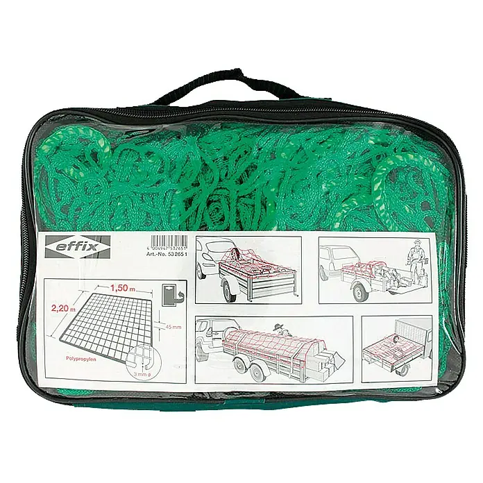 Conacord Anhängernetz - 2,2 x 1,5 m, Maschenweite: 45 x 45 mm, Knotenlos - Bild eines grünen Anhängernetzes von Effix, verpackt in einer transparenten Tragetasche mit technischen Details und Anwendungsbeispielen auf dem Etikett.
