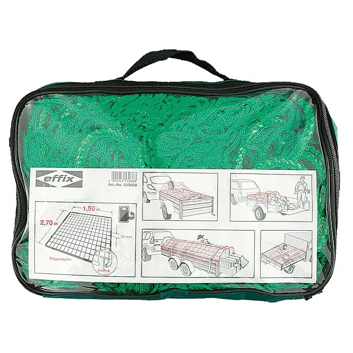 Conacord Anhängernetz - 2,7 x 1,5 m, Maschenweite: 45 x 45 mm, Knotenlos - Eingepacktes grünes Anhängernetz von Effix mit den Maßen 2,70 x 1,50 m aus Polypropylen mit einer Maschenweite von 45 mm.