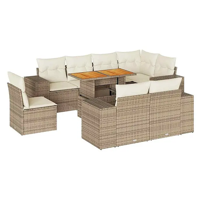 Maison exclusive gartenmöbel-set isolda holz beige 9-teilig -  - Modulare, beige Rattan-Gartenmöbelgarnitur mit cremefarbenen Kissen und einem höhenverstellbaren Tisch mit Holzplatte.