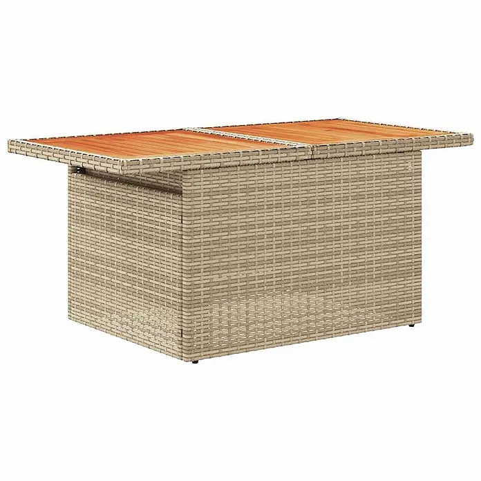 Maison exclusive gartenmöbel-set isolda holz beige 9-teilig -  - Rechteckiger hellbeiger Rattan-Gartentisch mit zweigeteilter Holzlattenplatte, ein Teil leicht ausgezogen.