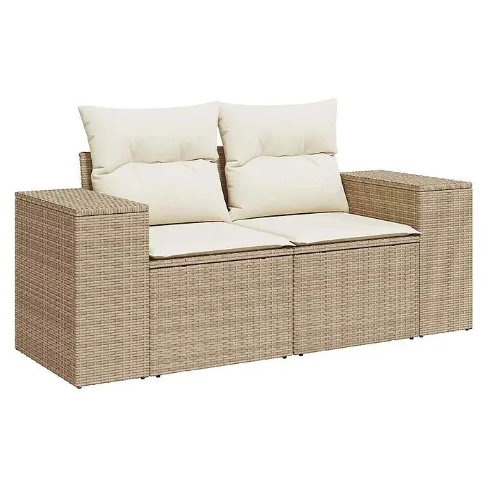 Maison exclusive gartenmöbel-set isolda holz beige 9-teilig -  - Beiges Polyrattan-Gartensofa für zwei Personen mit cremefarbenen Kissen.