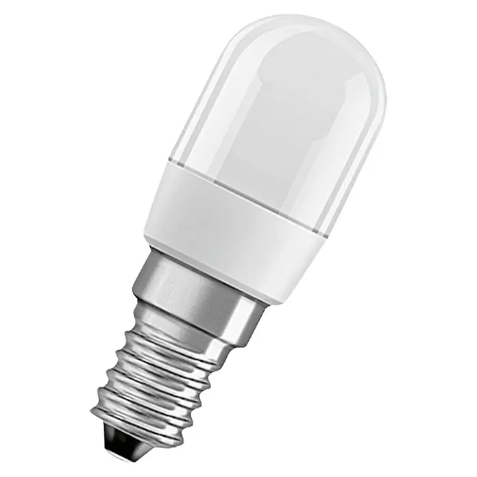 Osram LED-Lampe Special T26 - E14, Nicht Dimmbar, Tageslichtweiß, 65 lm, 2,3 W - Nahaufnahme einer E14 LED Lampe mit mattiertem Kolben und silbernem Gewinde, ideal für stimmungsvolle Beleuchtung.