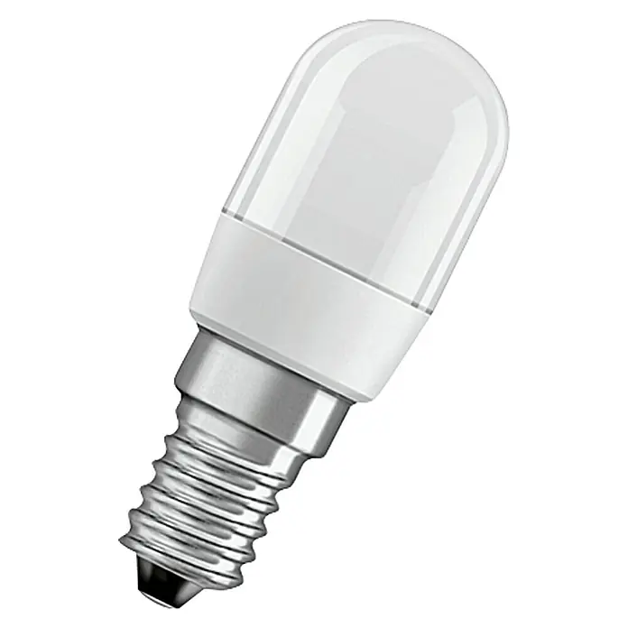 Osram LED-Lampe Special T26 - E14, Nicht Dimmbar, Tageslichtweiß, 65 lm, 2,3 W - Nahaufnahme einer E14 LED Lampe mit mattiertem Kolben und silbernem Gewinde, ideal für stimmungsvolle Beleuchtung.