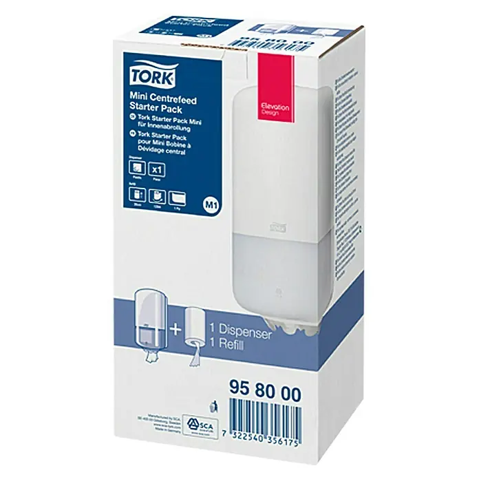 Tork Elevation Spender Starter-Set Mini M1 - Weiß, Kunststoff, Geeignet für: Innenabrollung, 2 -tlg. - Das Bild zeigt eine Tork Mini Centrefeed Starterpackung, die einen Spender und eine Nachfüllpackung enthält, ideal für den professionellen Gebrauch.