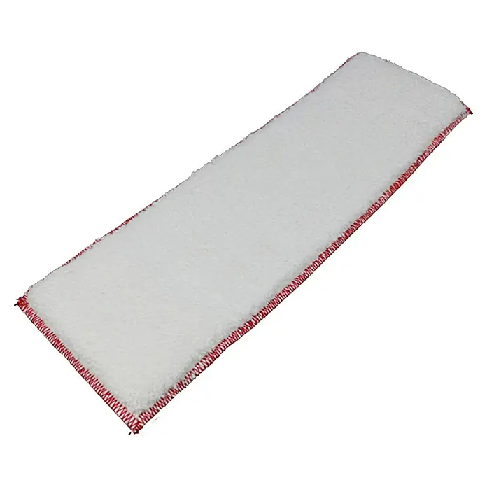 Mikrofaser-Bezug Basic - 50 cm, Soft, Geeignet für: Standard-Bodenwischer - Ein rechteckiger, weißer Mopp-Aufsatz mit roter Naht um den Rand, ideal für die Bodenreinigung und andere Oberflächen.