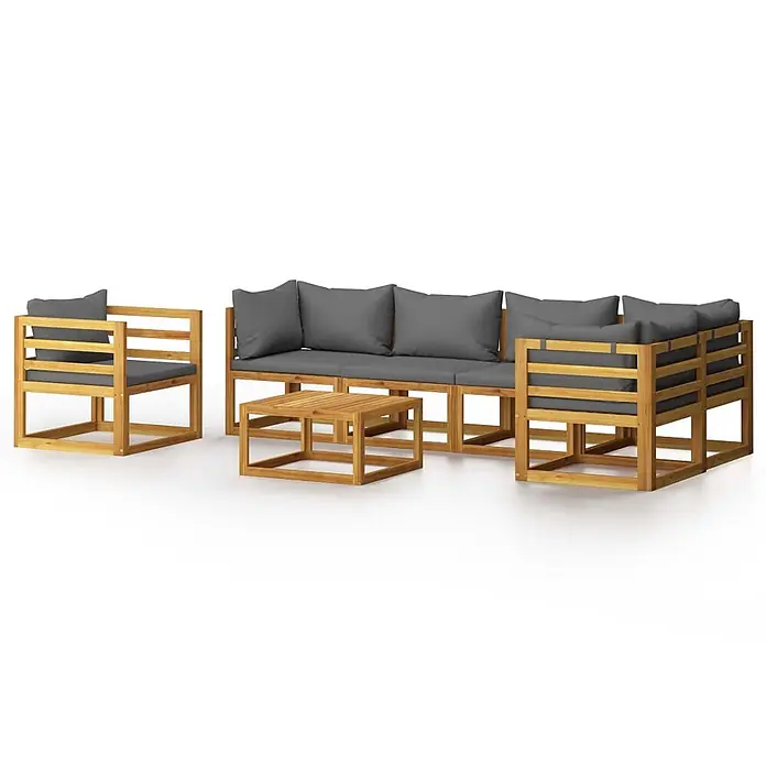 Maison exclusive gartenmöbel-set berkel en rodenrijs holz grau 7-teilig -  - Outdoor-Sitzgruppe aus Holz mit grauen Kissen, bestehend aus Ecksofa, Sessel und Couchtisch.