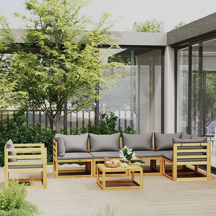 Maison exclusive gartenmöbel-set berkel en rodenrijs holz grau 7-teilig -  - Hölzerne Outdoor-Lounge-Set mit grauen Kissen, bestehend aus Ecksofa, Sessel und Couchtisch, auf einer Terrasse.