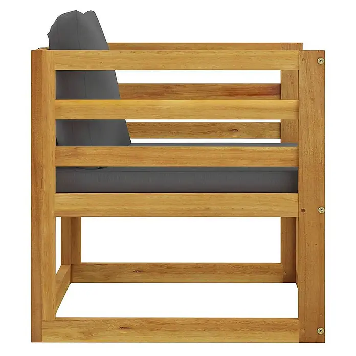 Maison exclusive gartenmöbel-set berkel en rodenrijs holz grau 7-teilig -  - Hölzerner Outdoor-Sessel mit Lamellendesign und grauen Sitz- und Rückenkissen, von der Seite gezeigt.