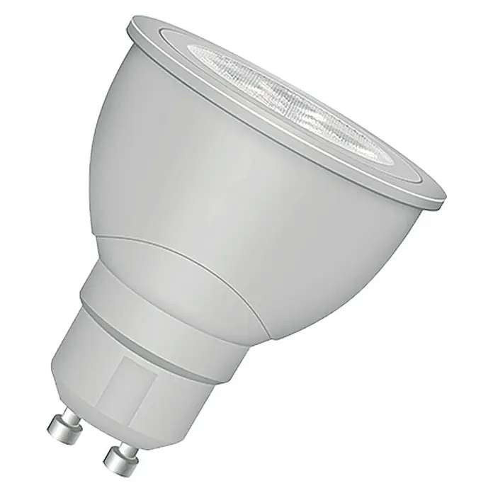 Osram LED-Lampe Reflektor GU10 - GU10, Dimmbar, Warmweiß, 230 lm, 3,6 W - Eine Nahaufnahme einer weißen GU10 LED-Lampe, die für ihre Energieeffizienz und lange Lebensdauer bekannt ist.