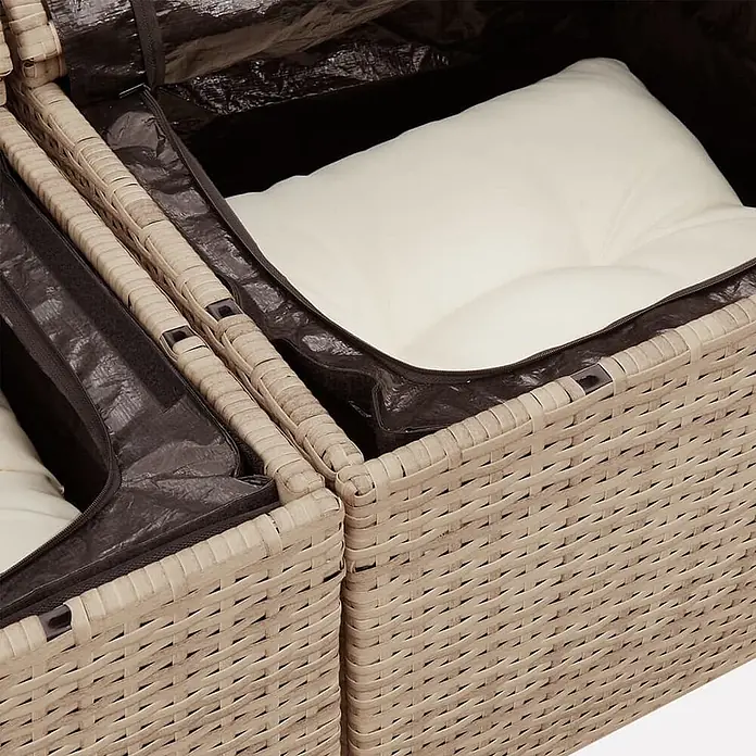 Maison exclusive gartenmöbel-set celira holz beige 10-teilig -  - Zwei beigefarbene Rattan-Module mit dunklem Innenschutz und hellem Kissen für Lagerung oder als Tierbett.