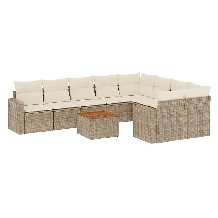 Maison exclusive gartenmöbel-set celira holz beige 10-teilig -  - Modulare beige Rattan-Gartenlounge mit hellen Kissen und kleinem Holztisch.