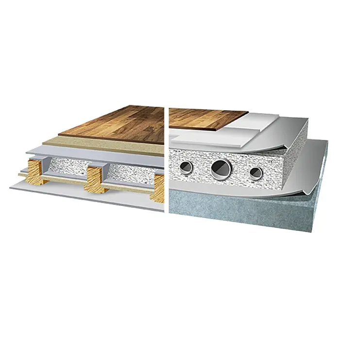 Thermozuschlag Kronostherm - Körnung: 3 mm - Detailaufnahme eines Bodenaufbaus mit verschiedenen Schichten von Holzboden bis zur Dämmung, ideal für Bau- und Renovierungsprojekte.