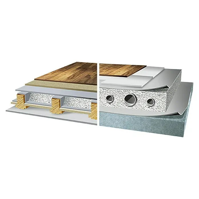 Thermozuschlag Kronostherm - Körnung: 3 mm - Detailaufnahme eines Bodenaufbaus mit verschiedenen Schichten von Holzboden bis zur Dämmung, ideal für Bau- und Renovierungsprojekte.