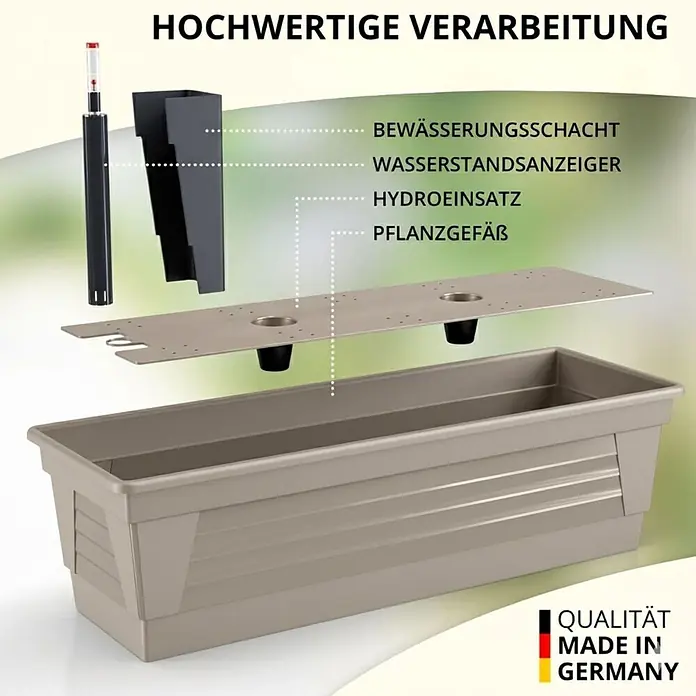 60 cm Seidengrau - Balkonkasten & Bewässerungssystem -  - Beiger Selbstbewässerungs-Pflanzkasten mit zerlegten Komponenten: Wasserstandsanzeiger, Bewässerungsschacht und Hydroeinsatz. Made in Germany.