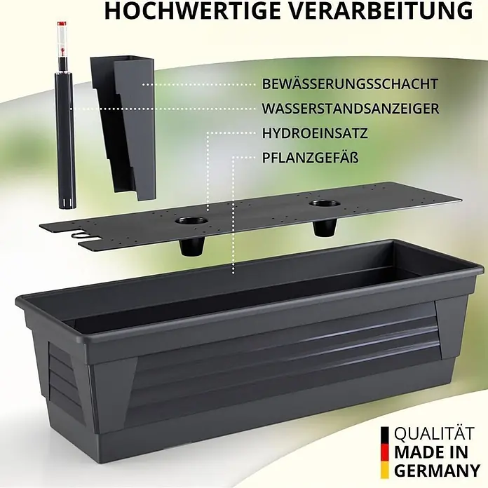 100 cm Anthrazit - Balkonkasten & Bewässerungssystem -  - Demontiertes dunkelgraues Selbstbewässerungs-Pflanzsystem mit Komponenten: Pflanzgefäß, Hydroeinsatz, Bewässerungsschacht, Wasserstandsanzeiger.