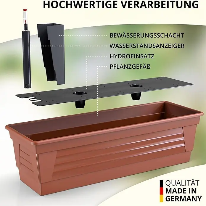 100 cm Terrakotta - Balkonkasten & Bewässerungssystem -  - Brauner rechteckiger Selbstbewässerungskasten mit Explosionsansicht von schwarzem Bewässerungsschacht, Wasserstandsanzeiger und Hydroeinsatz.