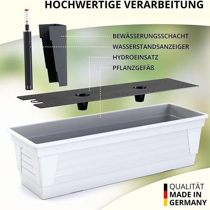 80 cm Weiß - Balkonkasten mit Bewässerungssystem -  - Explosionsansicht eines weißen rechteckigen Selbstbewässerungs-Pflanzgefäßes mit schwarzem Hydro-Einsatz, Bewässerungsschacht und Wasserstandsanzeiger.