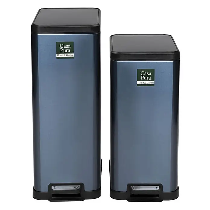 Floordirekt Standard-Mülleimer Zack 15 L Blau - 15 l, Edelstahl, Blau - Zwei rechteckige anthrazitfarbene Treteimer, groß und klein, mit schwarzen Deckeln.
