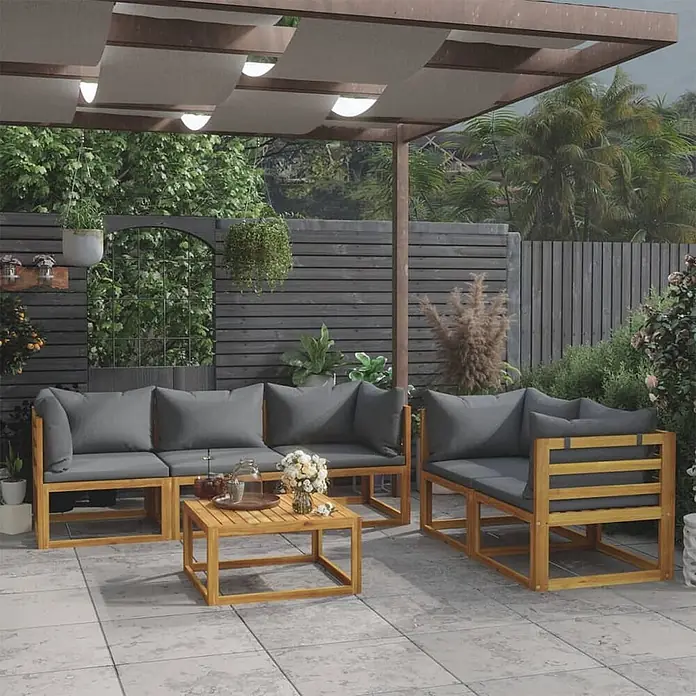 Maison exclusive gartenmöbel-set berkel en rodenrijs holz grau 6-teilig -  - Outdoor-Loungeset aus Akazienholz mit grauen Kissen auf einer Terrasse, bestehend aus Sofa, Sessel und Couchtisch.