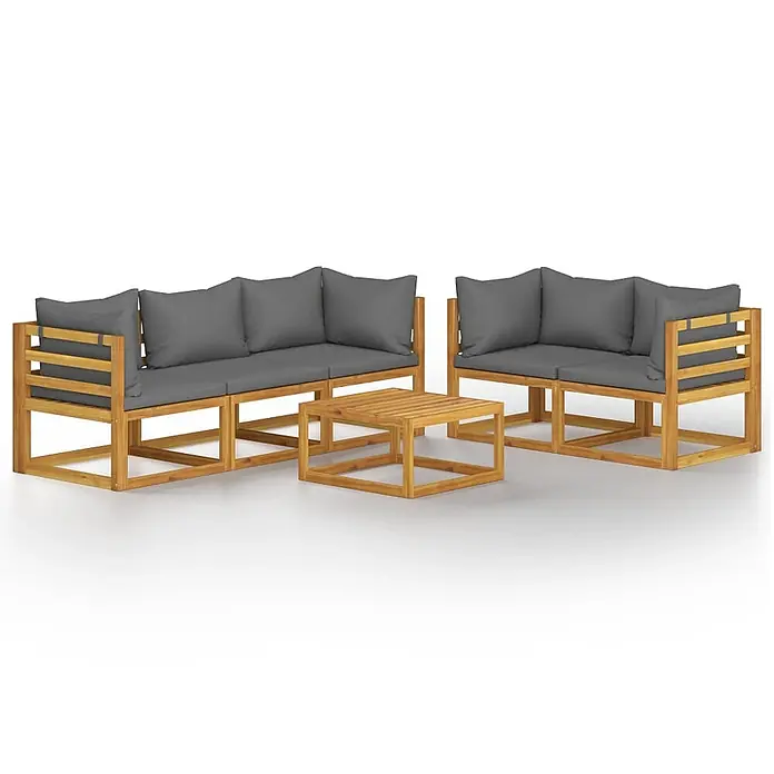 Maison exclusive gartenmöbel-set berkel en rodenrijs holz grau 6-teilig -  - Hölzerne Outdoor-Lounge-Garnitur mit grauen Kissen, bestehend aus einem 3-Sitzer-Sofa, einem Ecksofa und einem Couchtisch.