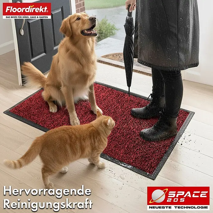 Floordirekt Fußmatte Space 205 - Rutschfeste Türmatte - Rot - 60 x 90 cm - Rot, Material Nutzschicht: Polypropylen - Eine rote Fußmatte fängt Schmutz und Wasser effektiv von einem Hund, einer Katze und einer Person mit nassen Stiefeln an einer Tür ab.