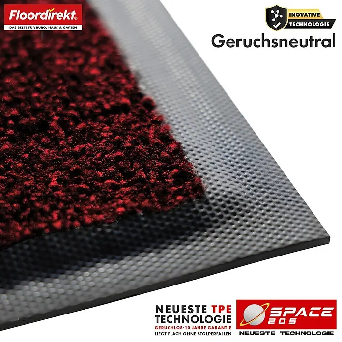 Floordirekt Fußmatte Space 205 - Rutschfeste Türmatte - Rot - 120 x 180 cm - Rot, Material Nutzschicht: Polypropylen - Nahaufnahme einer dunkelroten Fußmatte mit strukturierter Oberfläche und schwarzer TPE-Rückseite, geruchsneutral.