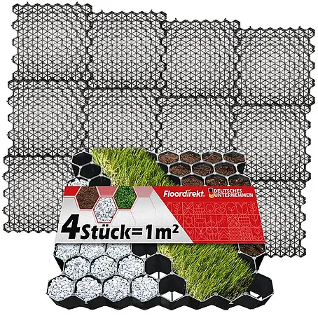 Floordirekt  Rasengitterstein Schwarz - 4er Set - 50 x 50 cm - Paddockplatte