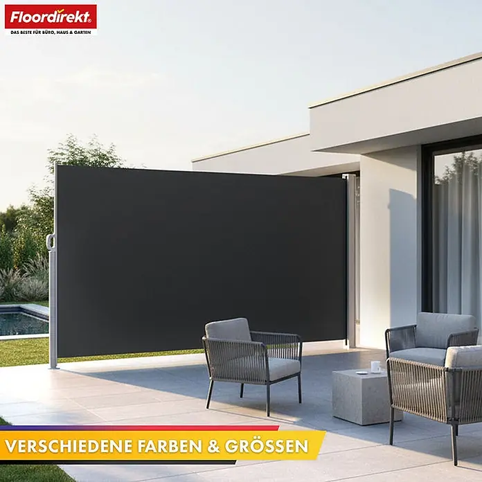 Floordirekt Alu-Seitenmarkise Anthrazit 200 x 350 cm -  - Dunkelgraue ausziehbare Seitenmarkise auf einer modernen Terrasse, die Privatsphäre für Outdoor-Sitzgelegenheiten bietet.