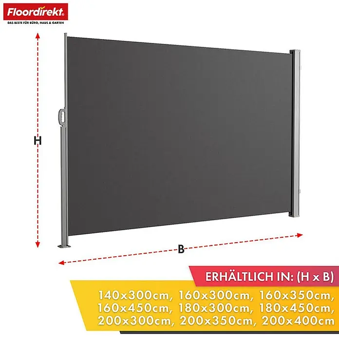 Floordirekt Alu-Seitenmarkise Anthrazit 200 x 350 cm -  - Dunkelgraue, ausziehbare Seitenmarkise mit Stoffbespannung für Sichtschutz.