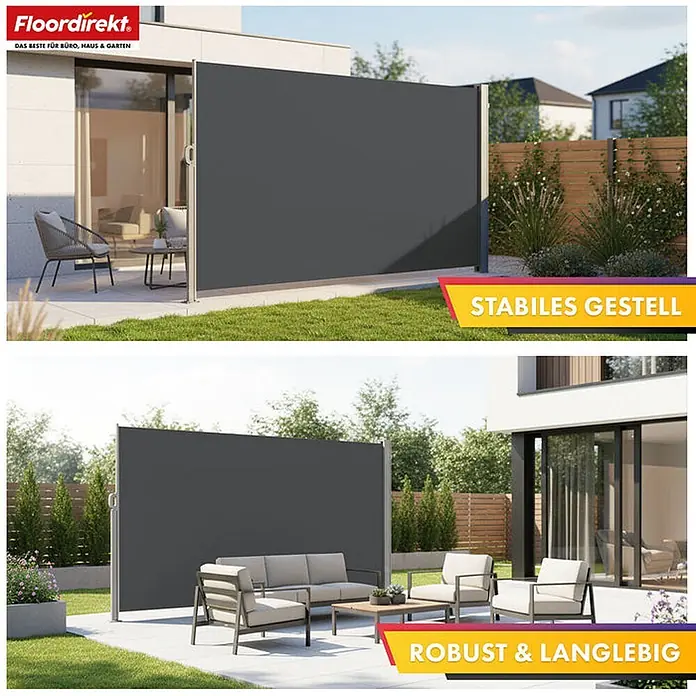 Floordirekt Alu-Seitenmarkise Anthrazit 200 x 350 cm -  - Dunkelgraue, ausziehbare Seitenmarkise für Terrassen, die Sicht- und Windschutz bietet.