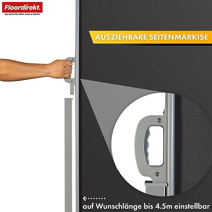 Floordirekt Alu-Seitenmarkise Anthrazit 200 x 350 cm -  - Hand zieht einen grauen Griff, um eine dunkelgraue Seitenmarkise auszuziehen, bis zu 4,5m verstellbar.