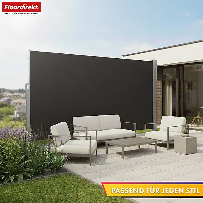 Floordirekt Alu-Seitenmarkise Anthrazit 200 x 350 cm -  - Dunkelgraue ausziehbare Seitenmarkise bietet Sichtschutz auf einer modernen Terrasse.