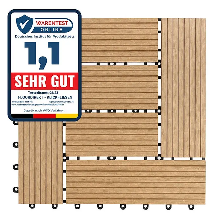Floordirekt WPC-Klickfliese Classic Teak 30 x 30 cm -  - Helle Klickfliesen in Holzoptik mit einem prominenten 'Sehr Gut' Produkttestsiegel.
