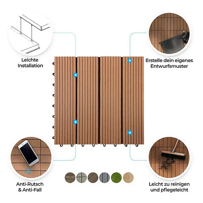 Floordirekt WPC-Klickfliese Royal Hellbraun 30 x 30 cm -  - Braune, ineinandergreifende Terrassenfliesen für einfache Installation und individuelle Muster. Rutschfest und pflegeleicht.