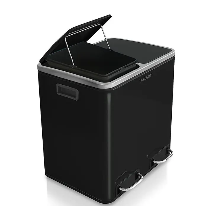 Floordirekt Mülleimer Felix 2 x 30 Liter Schwarz -  - Schwarzer Treteimer mit zwei Fächern und silbernen Akzenten, ein Deckel offen mit Innenbehälter.