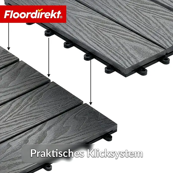 Floordirekt WPC-Terrassenfliese Noble 3D Grau 30 x 30 cm -  - Zwei graue WPC-Terrassenfliesen mit Holzoptik, die ihr praktisches Klicksystem zur einfachen Verbindung zeigen.