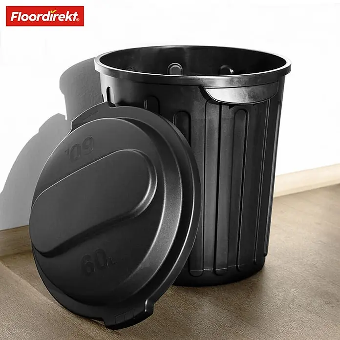 Floordirekt Mülleimer Robin 60L -  - Schwarzer Mülleimer aus Kunststoff mit Deckel, 60L Fassungsvermögen.