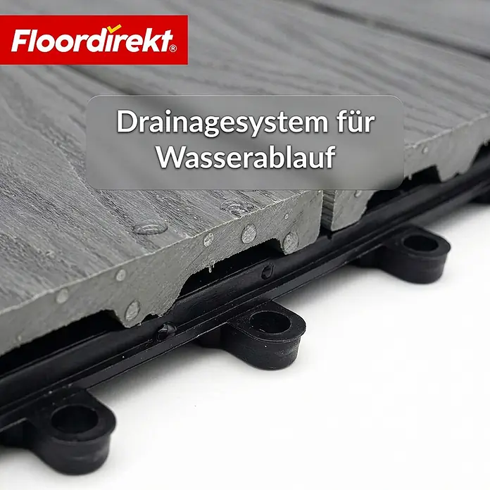 Floordirekt Klickfliese Noble 3D - 30 x 30 cm - 11er Set - 1 m² - Moderne Terrassenfliese - Grau - WPC, 11 Stk. - Graue WPC-Terrassenfliesen mit Wassertropfen und schwarzem Drainagesystem für Wasserablauf.