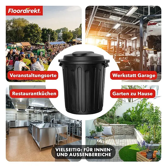 Floordirekt Mülleimer Robin 60L -  - Schwarzer Kunststoff-Mülleimer, vielseitig einsetzbar für Veranstaltungen, Werkstätten, Küchen und Gärten.
