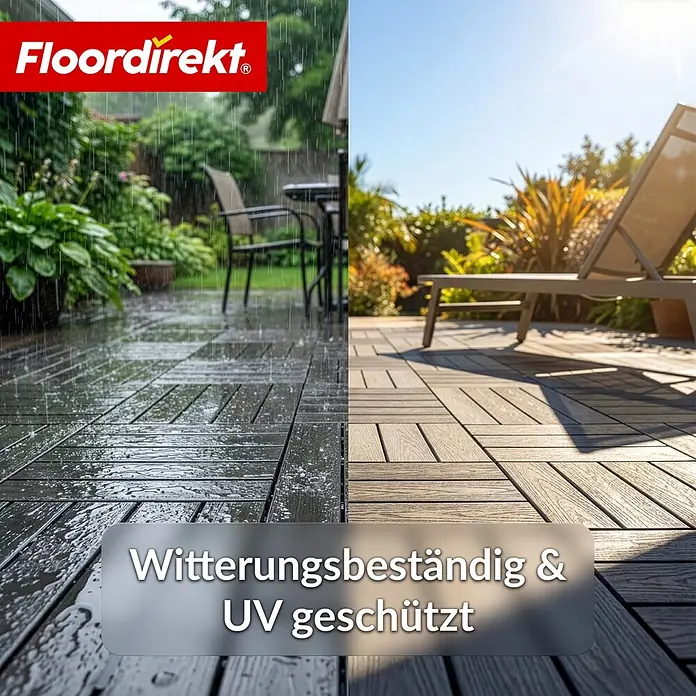 Floordirekt WPC-Terrassenfliese Noble 3D Grau 30 x 30 cm -  - Witterungsbeständige, UV-geschützte Terrassenfliesen, in Regen und Sonne dargestellt.