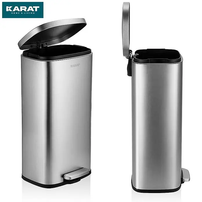Floordirekt Mülleimer Dustin aus Edelstahl Absenkautomatik 50 Liter Silber -  - Zwei Edelstahl-Tretmülleimer mit schwarzen Inneneimern; einer teilweise geöffnet, einer vollständig geöffnet.
