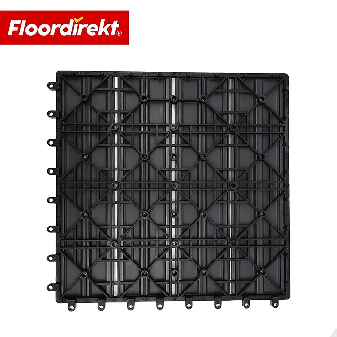 Floordirekt Klickfliese Noble 3D - 30 x 30 cm - 11er Set - 1 m² - Moderne Terrassenfliese - Schwarz - WPC, 11 Stk. - Schwarze quadratische Kunststoff-Klickfliese mit sichtbarer Gitterstützstruktur an der Unterseite.