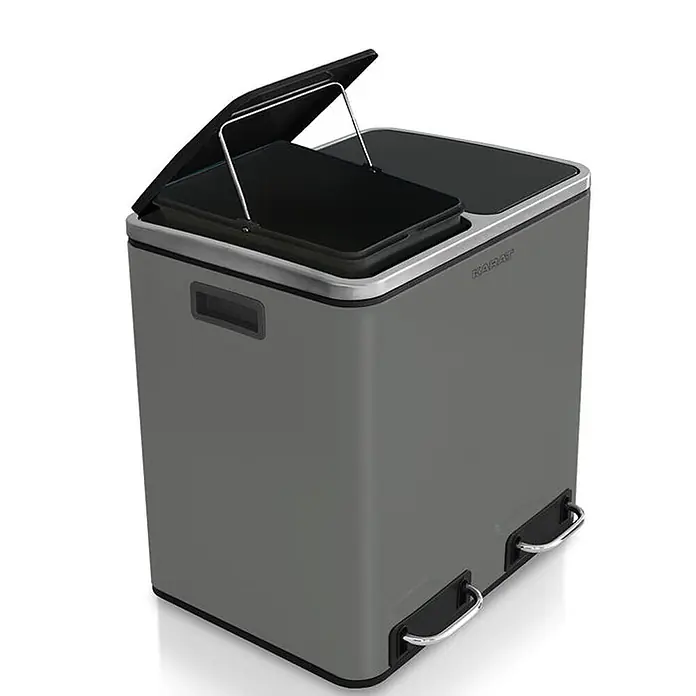 Floordirekt Mülleimer Felix 2 x 30 Liter Anthrazit -  - Grauer Dual-Tretmülleimer mit Edelstahlrand. Ein Deckel ist offen und zeigt einen schwarzen Inneneimer.