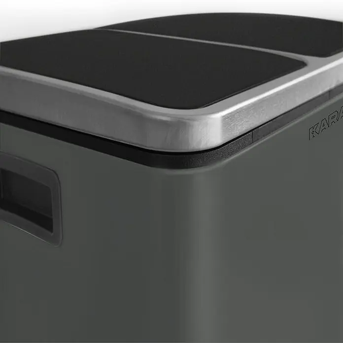 Floordirekt Mülleimer Felix 2 x 30 Liter Anthrazit -  - Dunkelgrauer Abfalleimer mit gebürstetem Metallrand und schwarzem geteiltem Deckel, mit Griff an der Seite.