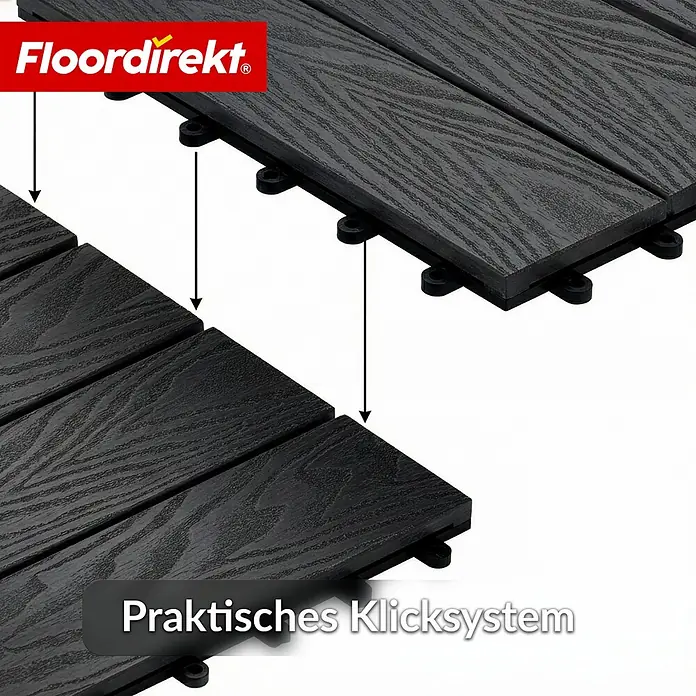 Floordirekt Klickfliese Noble 3D - 30 x 30 cm - 11er Set - 1 m² - Moderne Terrassenfliese - Schwarz - WPC, 11 Stk. - Zwei dunkle WPC Terrassenfliesen mit Holzmaserung, die ihr praktisches Klicksystem demonstrieren.