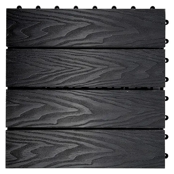 Floordirekt Klickfliese Noble 3D - 30 x 30 cm - 0,25 m² - Moderne Terrassenfliese - Schwarz - WPC, 1 Stk. - Dunkelgraue, ineinandergreifende Terrassenfliesen mit Holzmaserung für einfache Außenbodenverlegung.